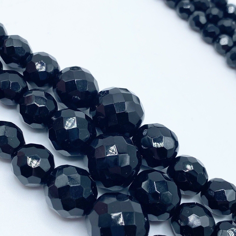 Vintage Austria Black Faceted Glass Triple Strand Necklace Pierced Earrings Set - Picture 6 of 14